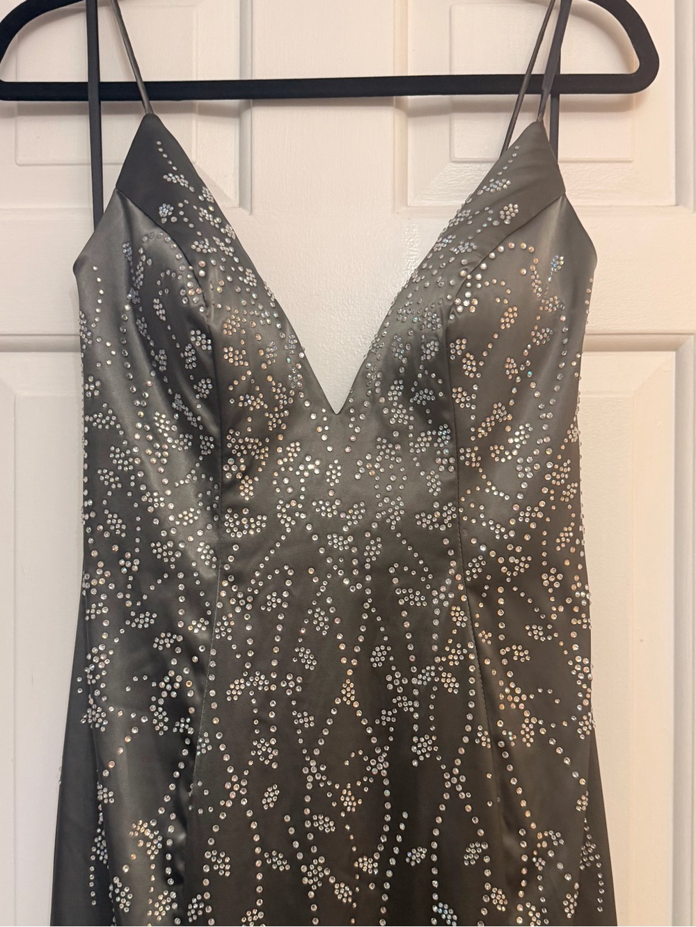 Black Satin V-Neck Spaghetti Strap Evening Dress with Crystal Accents